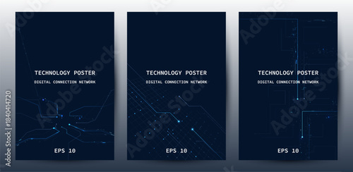 Futuristic digital blue line technology poster set, glowing lines innovation and connection network background for tech event poster or presentation product business