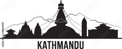 Kathmandu nepal skyline black silhouette with famous temples stupa and himalayan mountains range