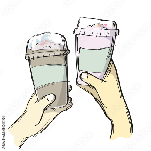 two hand holding a refreshing iced coffee drink illustration vector sketch with black lines