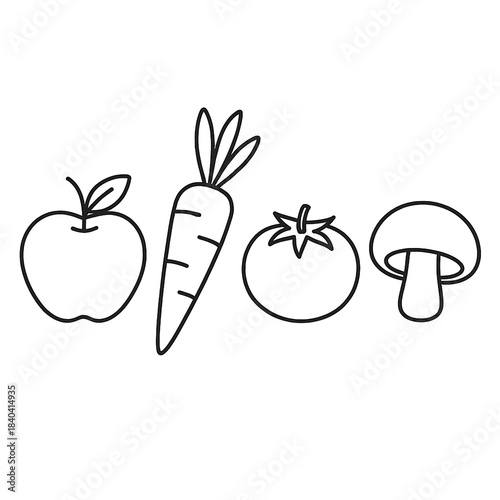 Simple outline drawings of fresh produce including an apple carrot tomato and mushroom on a white background