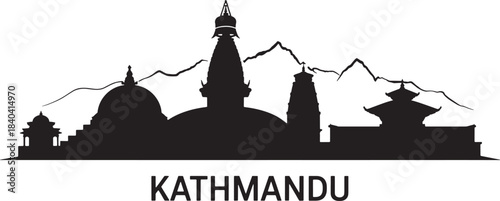 Kathmandu nepal skyline silhouette black and white vector city landscape panorama with mountains