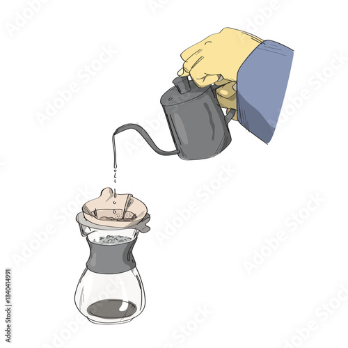 Hand pouring hot water into dripper illustration vector sketch with black lines