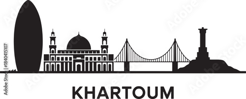 Khartoum sudan skyline black silhouette with famous buildings mosque bridge and tower lighthouse
