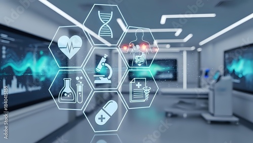 Modern hospital laboratory with digital medical technology icons overlay showing healthcare innovation and scientific research equipment.