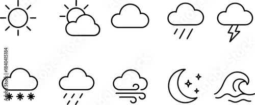 Weather forecast icons set. Sun, clouds, rain, snow, wind, storm outline symbols