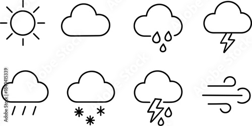 Weather forecast icons set. Sun, clouds, rain, snow, wind, storm outline symbols