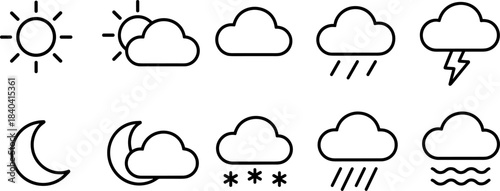 Weather forecast icons set. Sun, clouds, rain, snow, wind, storm outline symbols