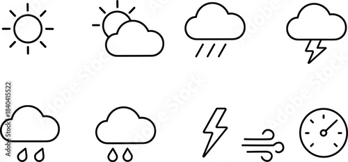 Weather forecast icons set. Sun, clouds, rain, snow, wind, storm outline symbols