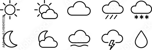 Weather forecast icons set. Sun, clouds, rain, snow, wind, storm outline symbols