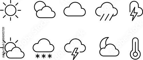 Weather forecast icons set. Sun, clouds, rain, snow, wind, storm outline symbols