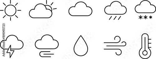 Weather forecast icons set. Sun, clouds, rain, snow, wind, storm outline symbols