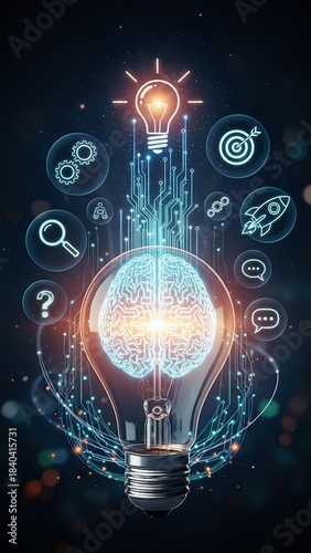Glowing lightbulb with brain circuit pattern surrounded by business innovation icons on dark starry background for creative technology concepts.