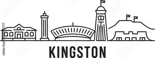 Kingston jamaica city skyline architecture outline featuring national stadium and historical buildings line art