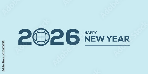 Modern “Happy New Year 2026” typography in bold blue on a light cyan background, clean minimalist holiday banner ideal for greetings, web headers, social media posts.