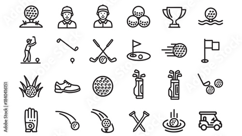 a collection of black and white golf icons including players equipment and course elements on transparent background silhouette high quality professional detailed modern elegant stylish clean