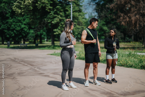 Obraz na plátně A trio of young adults in athletic attire standing in a park after exercising, holding drinks and conversing, representing active lifestyles, friendship, and outdoor activities