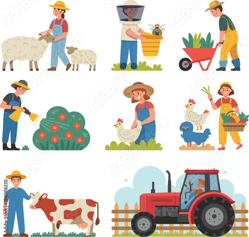 Farmers working, agriculture activities, farm animals, tractor driving, gardening, harvesting vegetables, beekeeping, livestock care, rural farming scene, cartoon illustration