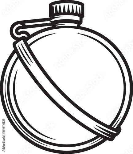 Round metal hiking canteen flask or water bottle with carrying strap vector illustration