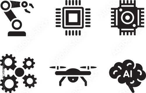 Robotics and artificial intelligence icons set including mechanical arm chip gears drone and ai brain symbols