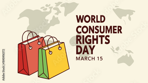 World consumer rights day on march 15 with shopping bags and a global map