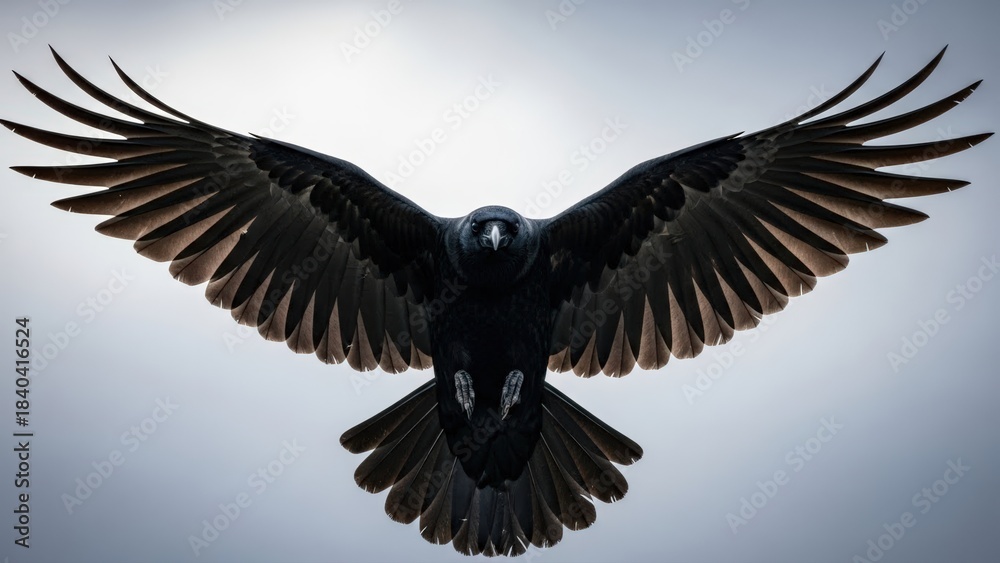 Obraz premium Majestic raven in powerful flight extends wide wings, its dark form backlit dramatically against a bright, expansive sky