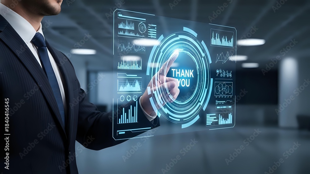 Fototapeta premium Professional businessman interacting with futuristic holographic interface displaying data analytics and thank you message in modern office environment.