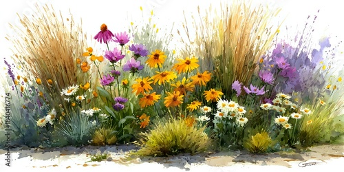 Watercolor wildflower meadow with ornamental grasses, purple cosmos, orange marigolds and white daisies in natural garden border composition.