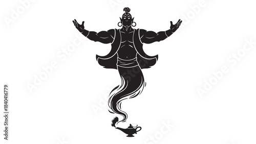 a detailed black silhouette of a genie emerging from a lamp with swirling smoke and ornate clothing on transparent background high quality professional modern elegant stylish