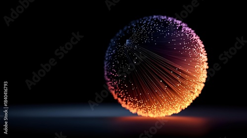 Abstract glowing sphere with particle effects and radial light rays on dark background for digital art and futuristic design projects.