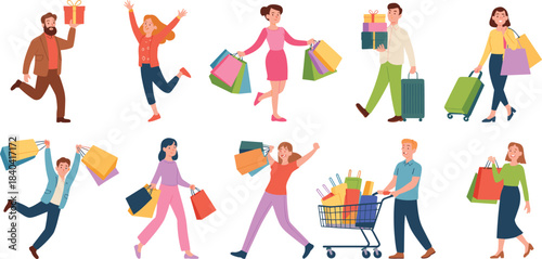 Happy shoppers, people shopping, carrying bags, gift buying, sale customers, retail consumers, shopping cart, excited buyers, flat cartoon illustration