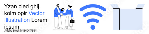 Business teamwork, technology integration, wireless connectivity, communication, networking, online services. Two professionals interacting, wireless signal and an open box. Business teamwork