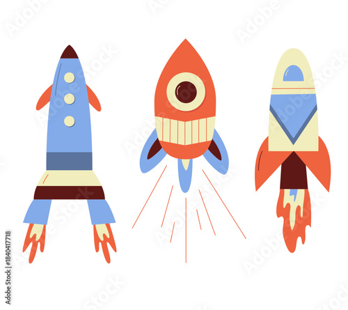 Three space ships, vector children's illustration