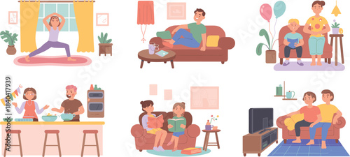 Home activities, family lifestyle, kids reading, cooking together, yoga at home, relaxing on sofa, watching TV, cozy indoor illustration scenes