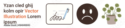 Education, emotional expression, personal identity, indoor lifestyle, design inspiration, communication tools. Pen writing signature, sad face icon potted plant. Education and emotional expression