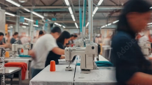 Busy textile factory floor with workers sewing garments on machines