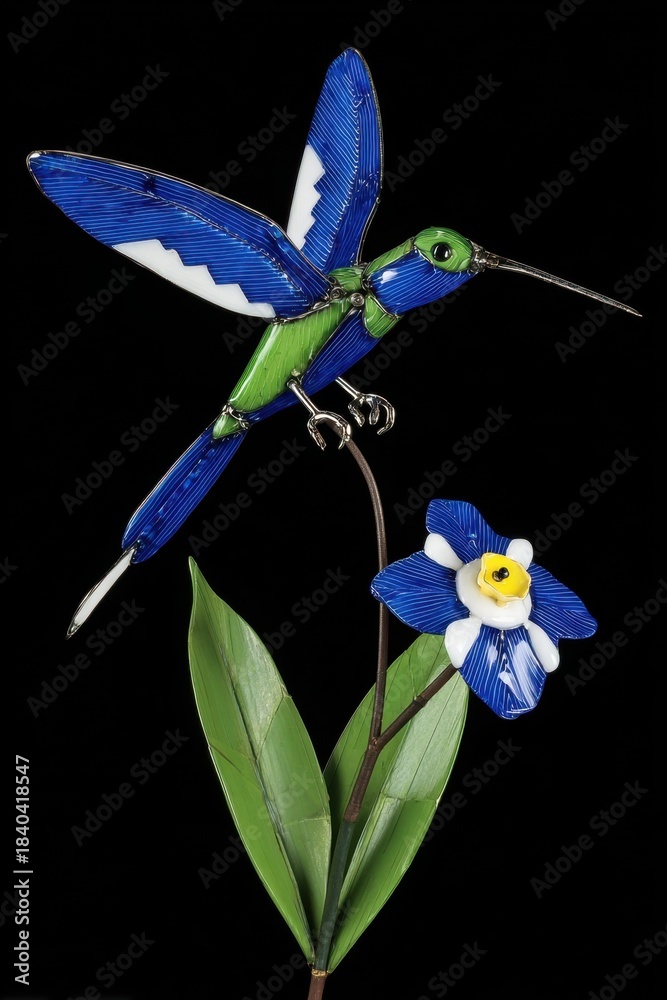 Naklejka premium Jeweled hummingbird perched on flower, metal craft, black background