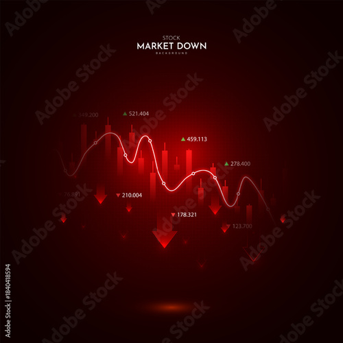 Stock Market Crash background. Drop down red arrow business market crisis on world map red dark background. Crisis economy and investment loss graph.
