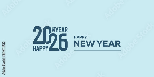 Modern “Happy New Year 2026” typography in bold blue on a light cyan background, clean minimalist holiday banner ideal for greetings, web headers, social media posts.