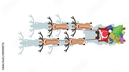 Above view of Santa Claus with pulls a large wooden sleigh filled with beautifully wrapped presents for children. Four reindeer with ropes to pull them. Isolated white background.