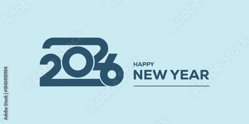 Modern “Happy New Year 2026” typography in bold blue on a light cyan background, clean minimalist holiday banner ideal for greetings, web headers, social media posts.