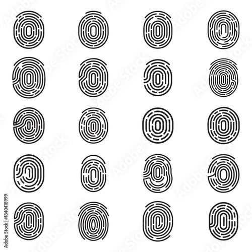 Biometric identity and security icon pack featuring fingerprint and face scan isolated on white background