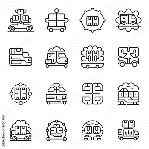 Smart logistics icon pack featuring transportation and delivery symbols isolated on white background