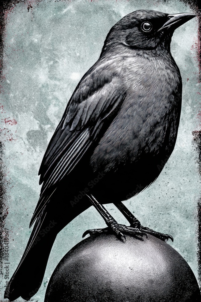 Obraz premium Black Bird perched on a metal ball against grunge texture background