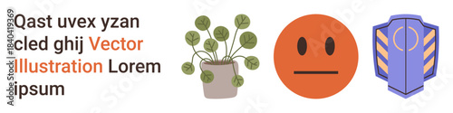 Nature, emotions, protection, design inspiration, educational resources, online content. A plant in a pot, a neutral face emotion and a shield icon with text. Nature and emotions showcased