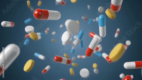 Diverse assortment of pharmaceutical pills and capsules in various colors and shapes, suspended in mid-air against a blue background