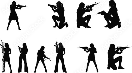 Collection of Dynamic Female Agent Silhouettes Holding Rifles and Submachine Guns, Flat Vector Illustration Set for Action, Combat, and Gaming Design