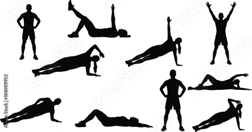 Collection of Dynamic Fitness and Workout Silhouettes, Men and Women Exercising in Various Poses, Flat Vector Illustration Set for Gym, Training, and Health Design