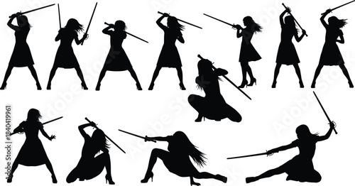 Collection of Dynamic Female Warrior Silhouettes Holding Swords, Fantasy Fighter Poses, Flat Vector Illustration Set for Action, Gaming, and Adventure Design