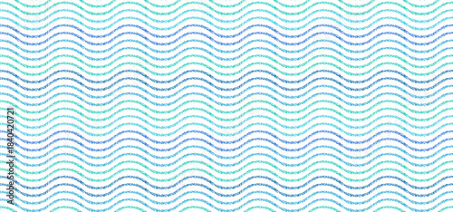 Crayon seamless pattern of blue wavy lines. Sea water background with chalk texture. Abstract summer seamless pattern with wavy lines, vector illustration