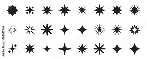 Vector star and sparkle icons set. Black twinkling silhouettes, sunbursts, and diamond shapes.